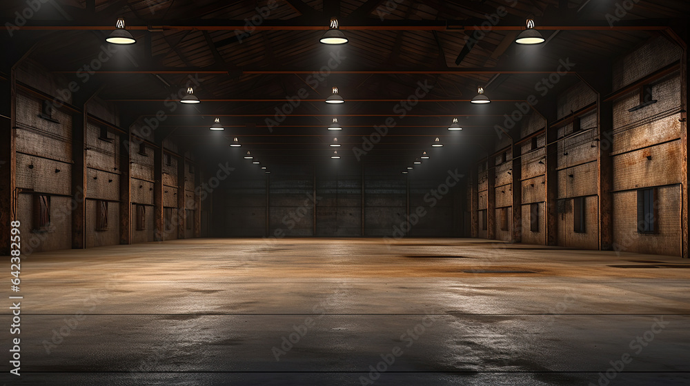An empty warehouse featuring abundant lighting. - obrazy, fototapety, plakaty 