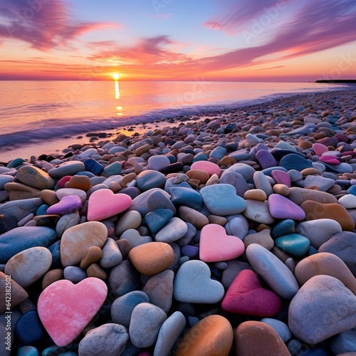 Crimson sunset on a beach filled with natural heart shaped colored polish sea stones on the seashore, with sky, sandy beach with coast stones, photo realism, long exposure photography, ethereal. High