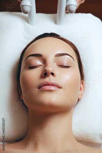 Woman getting facial lifting therapy in beauty salon generative ai