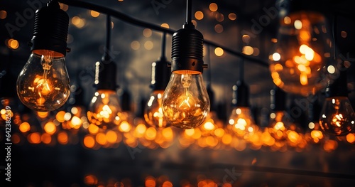 some lit up light bulbs hanging from a black string