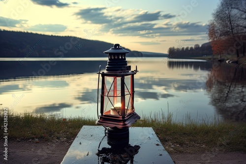 Oil lamp on the lake shore in forest