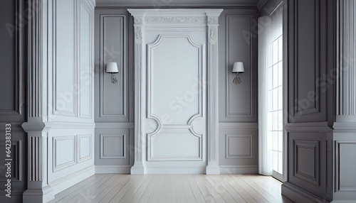 White wall with classic style mouldings and wooden floor  empty room interior  columns in the interior  Ai generated image 