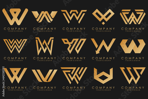 Abstract collection with letters W logo design. creative design logotype W with gold color.