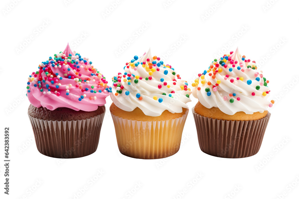 hyperrealistic high-definition image of three cupcakes with rich glazing and sprinkles on top on a white background isolated PNG