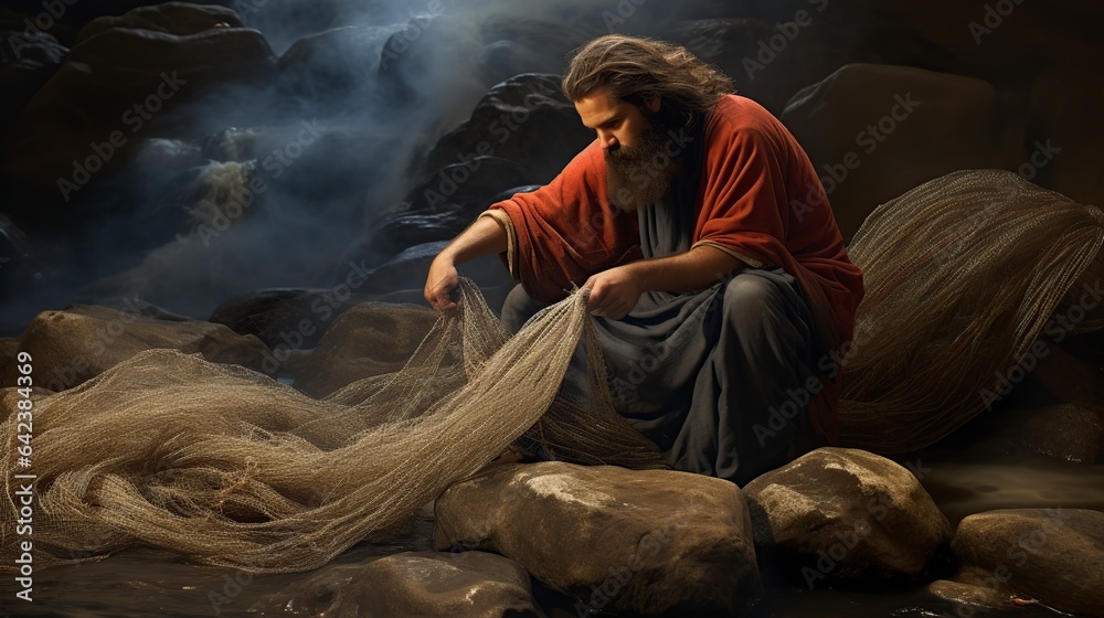 Apostle Peter cleaning his Christian fishing net Apostle Peter cleaning his Christian fishing net