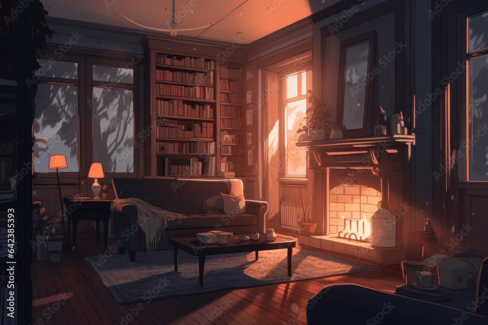A cozy living room with a fireplace, where people gather to read books, drink tea, and enjoy the warmth of the season. A serene and inviting atmosphere. Generative AI.