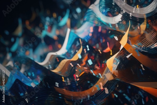 An abstract composition with energy and rhythm of music through a series of dynamic lines and shapes. Movement and vibrations created by musical soundwaves. World music day. Generative AI.