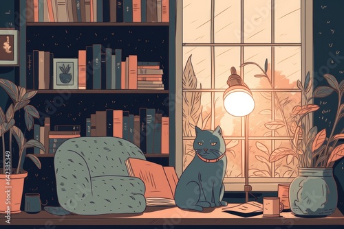 A cat sitting on a bookshelf, surrounded by books, representing the intellectual and curious side of cats. Cozy reading nook with a comfortable chair and a warm lamp. Generative AI.