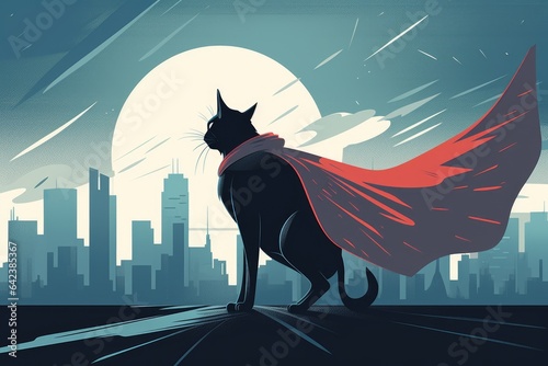 A cat wearing a superhero cape and striking a powerful pose, symbolizing the strength and resilience of cats. A city skyline with buildings and a dynamic sky. Generative AI.