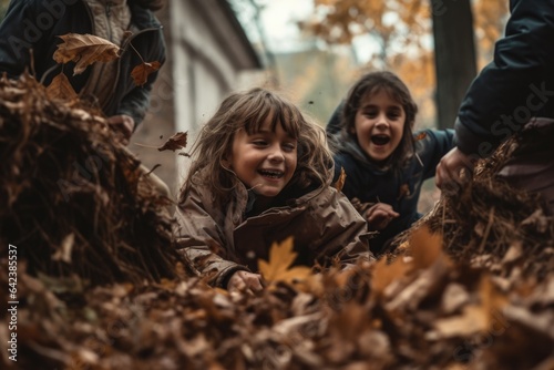 Children playing in a pile of fallen leaves, symbolizing the arrival of autumn and the Thanksgiving season. The joy and excitement of the holiday. Generative AI.
