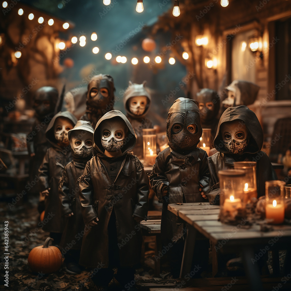 A group of children with feary masks and costumes at the Halloween night. Children are wearing Halloween costumes 