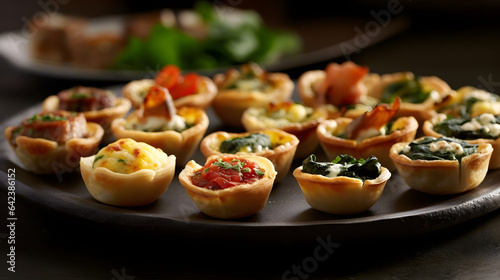 A platter of assorted mini quiches with various fillings like spinach and feta