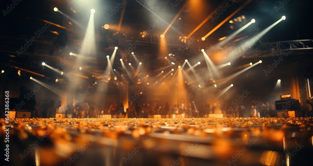 stage near reflected lights and floor, in the style of festive atmosphere,