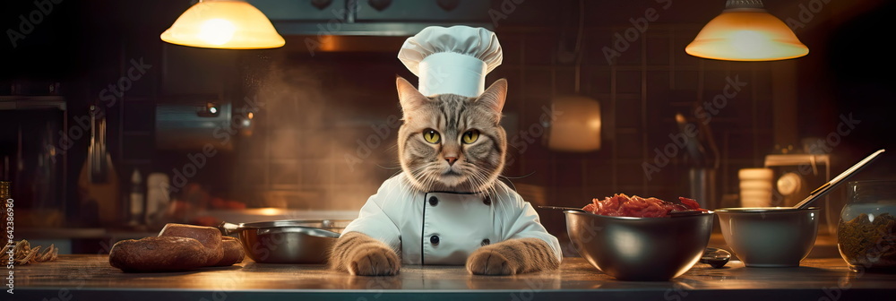 cat wearing a chef's toque and apron, skillfully preparing gourmet dishes in a professional restaurant kitchen. Generative AI - obrazy, fototapety, plakaty 