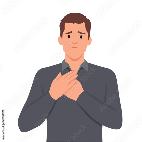 Unwell man feel sick suffer from heart stroke. Sick unhappy guy touch upper chest having cardiovascular problems need doctor help. Healthcare and medicine.