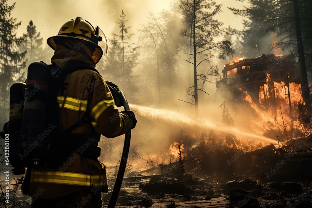 Fire fighter in uniform battling forest fires