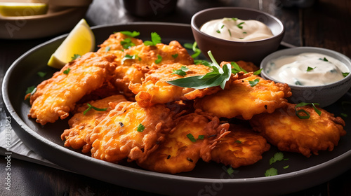 A platter of crispy and golden sweet corn fritters with a lime aioli dip