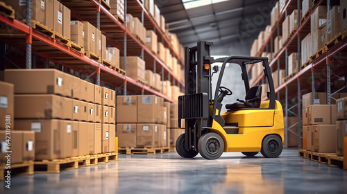 A forklift operating within a warehouse. © maniacvector