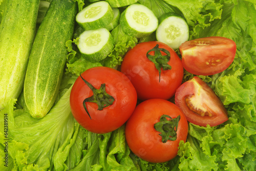 Cucumbers and tomatoes on green salad leaves.