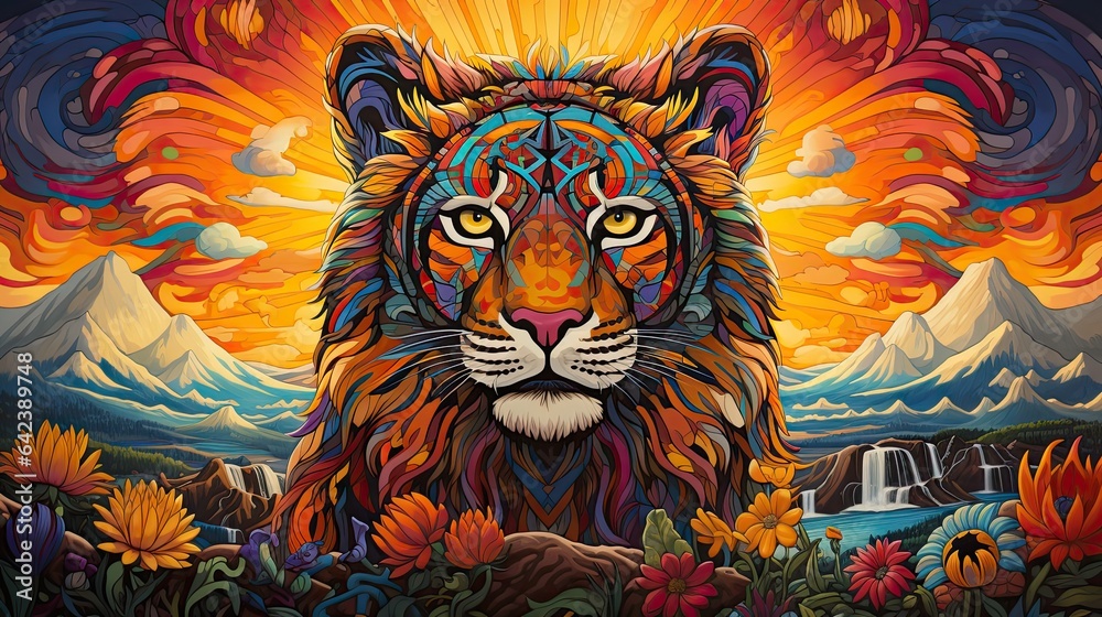 Psychadelic Artwork representing a colorful lion in vibrant color tones. 