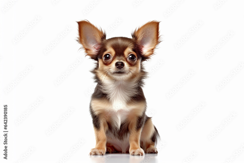 Tan colored Chihuahua dog sitting on white background