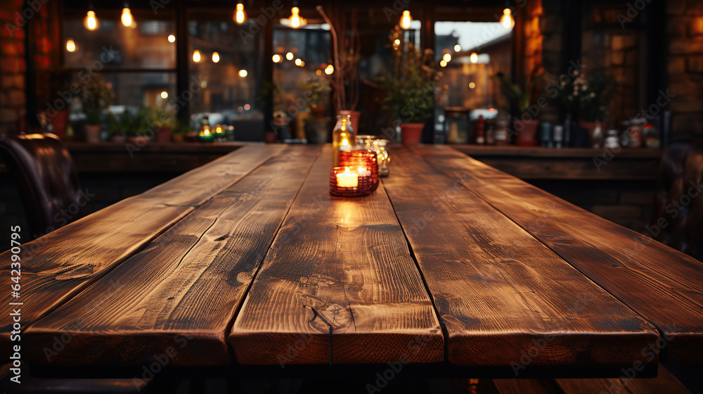 Rustic wooden table in a cozy restaurant setting