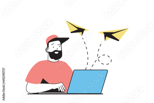 Digital marketing concept with people scene in flat web design. Man makes promo mailing and advertising campaign for attracts clients. Vector illustration for social media banner, marketing material.