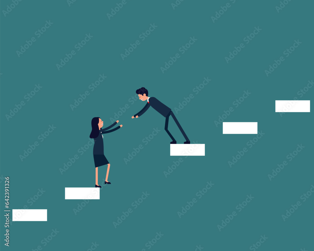 Business team pulling partner up the stairs Business team pulling partner up the stairs