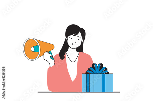 Digital marketing concept with people scene in flat web design. Woman promotion business online with gifts loyalty program for clients. Vector illustration for social media banner, marketing material.