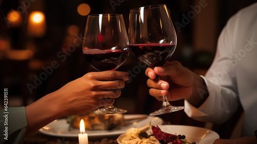 Couples at a restaurant toasting with wine glasses during dinner.