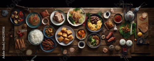 Assorted oriental traditional food. top view. panorama photo