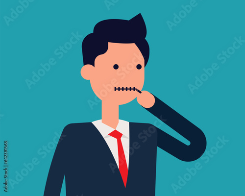 A man closing mouth with zipper. Business cartoon vector concept