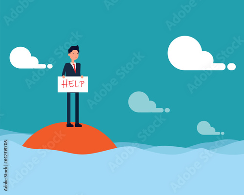 A man holding help sign on deserted island
