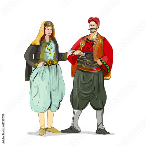 Turkish couple folk dresses drawing