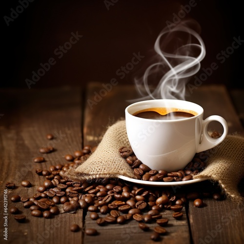 close up of coffee cup on wooden table steam rising 