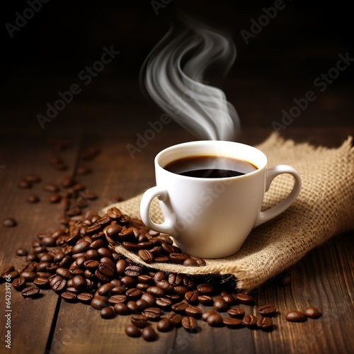 close up of coffee cup on wooden table steam rising 