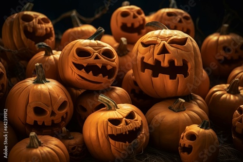 Pumpkin faces halloween stack. Generate Ai