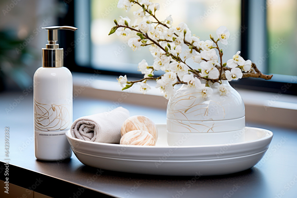 women's dressing table with perfume bottle, cream jars, candles and flowers. Women's cosmetics on the table. women's dressing table with perfume bottle, cream jars, candles and flowers. Women's cosmetics on the table.