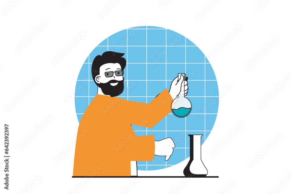 Education concept with people scene in flat web design. Man working as teacher and explaining chemistry with chemical tests in lab. Vector illustration for social media banner, marketing material.