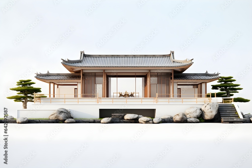 Modern japanese house with trees isolated on white empty background in real estate sale or property investment concept new home for big family. 3d illustration of residential building exterior. Modern japanese house with trees isolated on white empty background in real estate sale or property investment concept new home for big family. 3d illustration of residential building exterior.