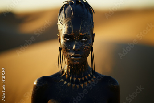 Alien princess, a fantasy portrait of a stylish female creature standing outdoors in the desert. Generative AI illustration