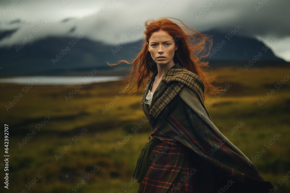Portrait of a Beautiful Traditional Fictional Scottish Ginger Woman Wearing a Kilt Dress. Meadow of Scotland Highland Background. Generative AI. Portrait of a Beautiful Traditional Fictional Scottish Ginger Woman Wearing a Kilt Dress. Meadow of Scotland Highland Background. Generative AI.