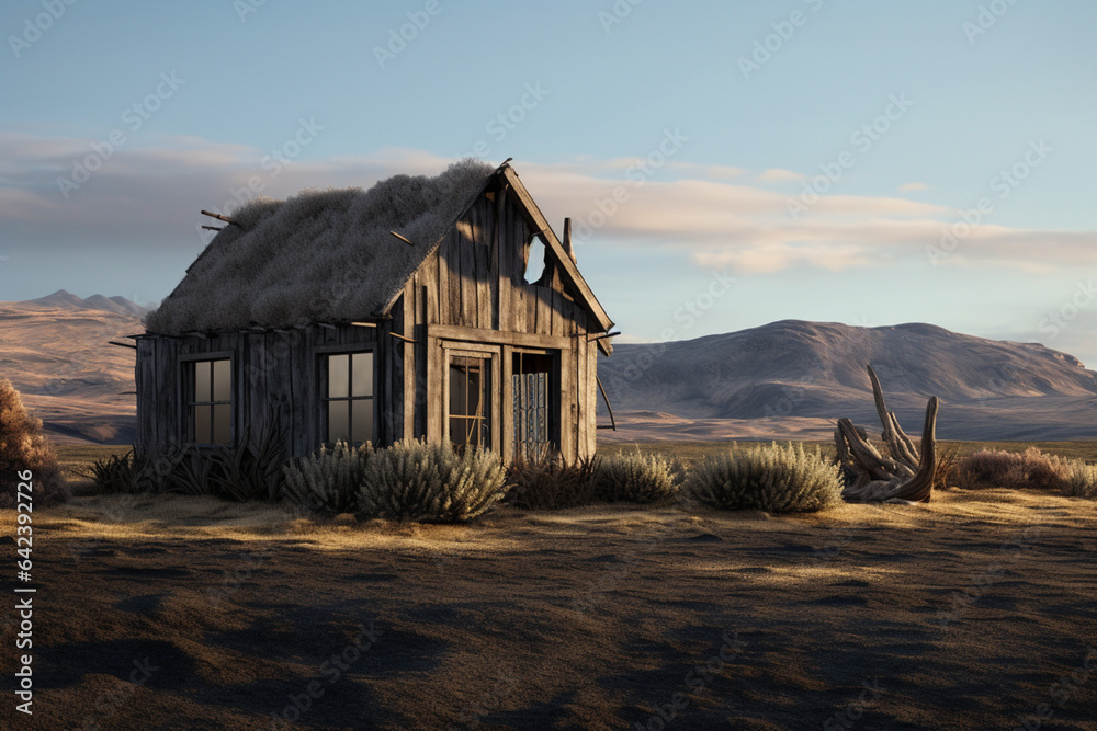A single wooden house at the beach during the evening. Abandoned shack, moody landscape