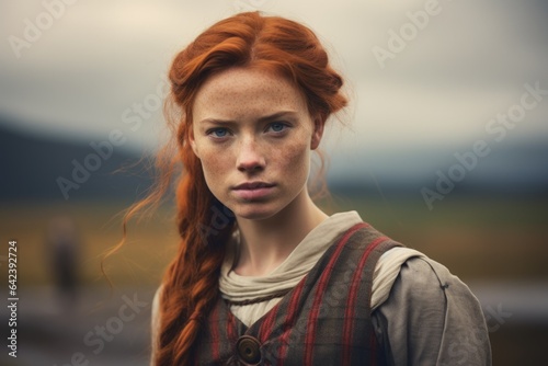 Portrait of a Beautiful Traditional Fictional Scottish Ginger Woman Wearing a Kilt Dress. Meadow of Scotland Highland Background. Generative AI.