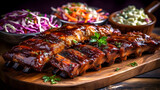 A platter of sweet and tangy barbecue glazed ribs with a side of coleslaw