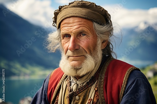 Fotomurale old swiss man in the alps wearing traditional costume