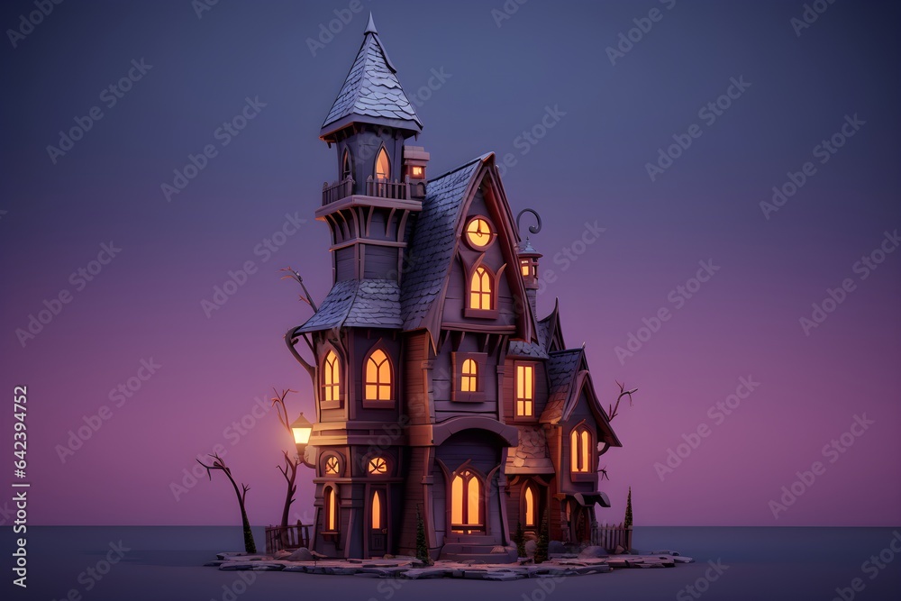 Scary dark castle, house with isolated on purple empty background in real estate sale or property investment concept. Buying new home for big family. 3d illustration of residential building exterior.