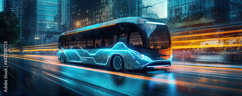 Scifi or futuristic bus in motion in evening city.