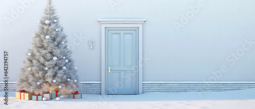 Mockup with blue facade of  house with front door, Christmas fir and decorations. entrance home exterior. patio, backyard in a modern house. doorway. Xmas, New Year template. Generative ai © Inai