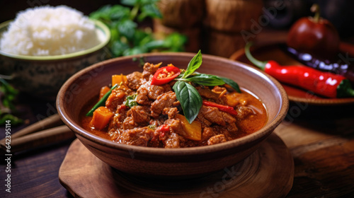Thai food, Spicy thai curry with pork meat serving with rice and decorating with herbal vegetable ingredients like chili and eggplant on the wooden floor background. Generative Ai